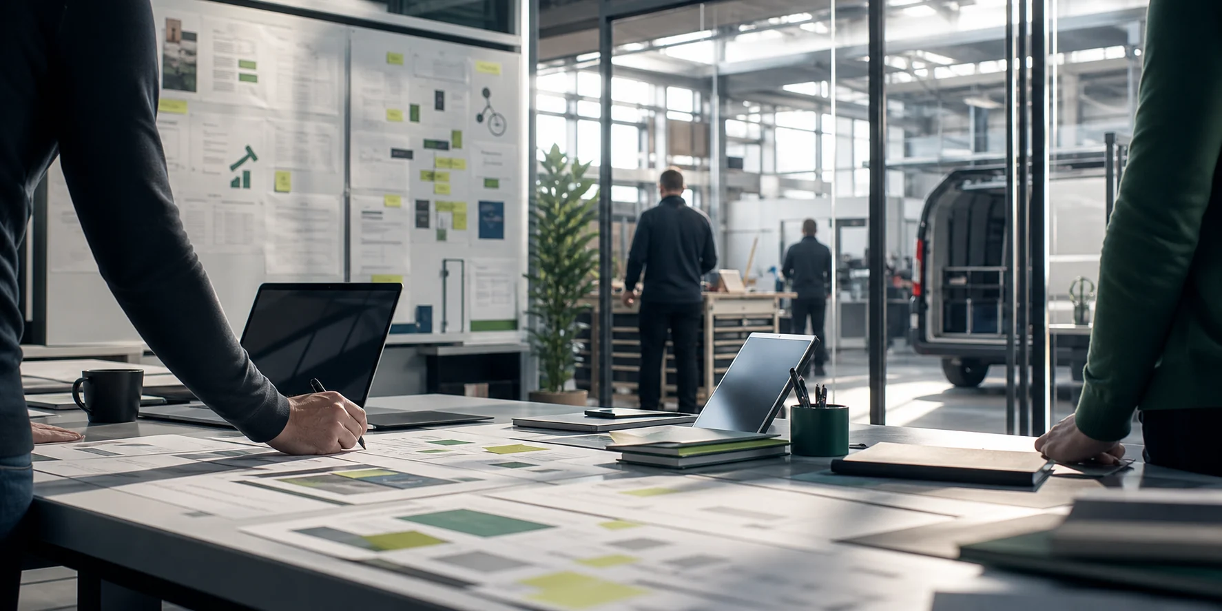 Werktafel met software, data en bedrijfsdocumenten